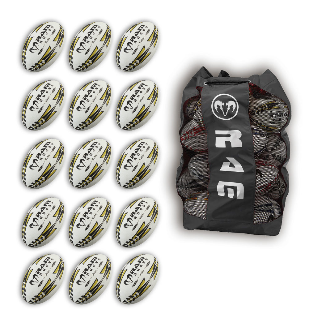 Stack of 15 gold Ram Rugby Victor 2.0 Elite size 5 match balls displayed with breathable storage bag for rugby training