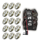 Fifteen gold Ram Rugby Victor 2.0 Elite Match Balls size 5 inside breathable black bag for team rugby training storage