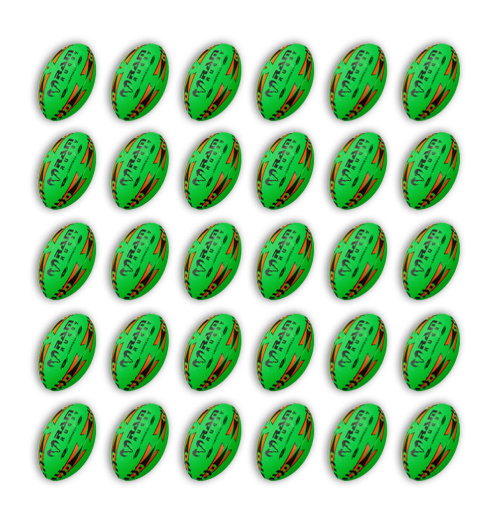 Ram Rugby Gripper 2.0 Pro Trainer Ball Bundle with 30 neon yellow, orange, green rugby balls and two breathable bags for training