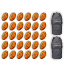 Ram Rugby Gripper 2.0 Pro Trainer Neon Ball Bundle with 30 vibrant yellow, orange, and green rugby balls arranged with two breathable bags