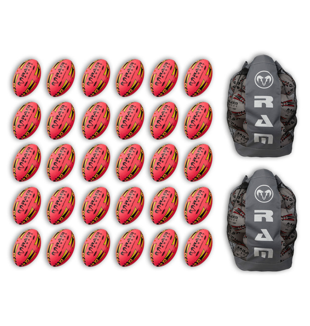 Thirty Ram Rugby Gripper 2.0 Pro Trainer Neon Pink rugby balls bundled with two breathable storage bags for easy transport.