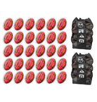 Stack of 30 neon pink Ram Rugby Gripper 2.0 Pro Trainer balls beside two black breathable ball bags for sports storage