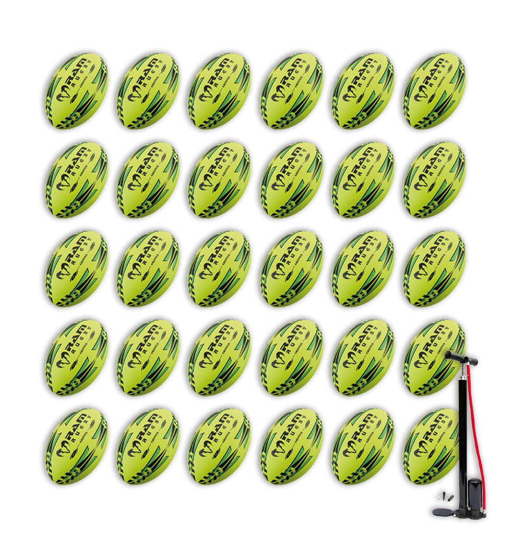 Thirty Ram Rugby Gripper 2.0 Pro Trainer Neon rugby balls in yellow, orange, and green with two breathable storage bags