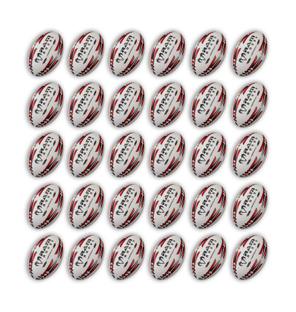 Thirty Ram Rugby Gripper 2.0 Pro Trainer rugby balls stacked next to two large breathable storage bags in black and blue.