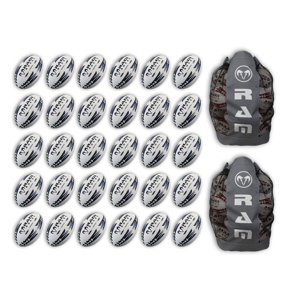 Thirty Ram Rugby Gripper 2.0 Pro Trainer balls stacked beside two black breathable ball bags for rugby training storage and transport