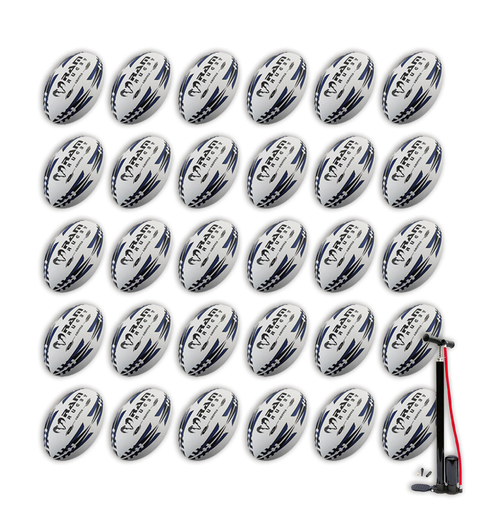Stack of Ram Rugby Gripper 2.0 Pro Trainer rugby balls with two breathable bags for 30-ball bundle storage and transport