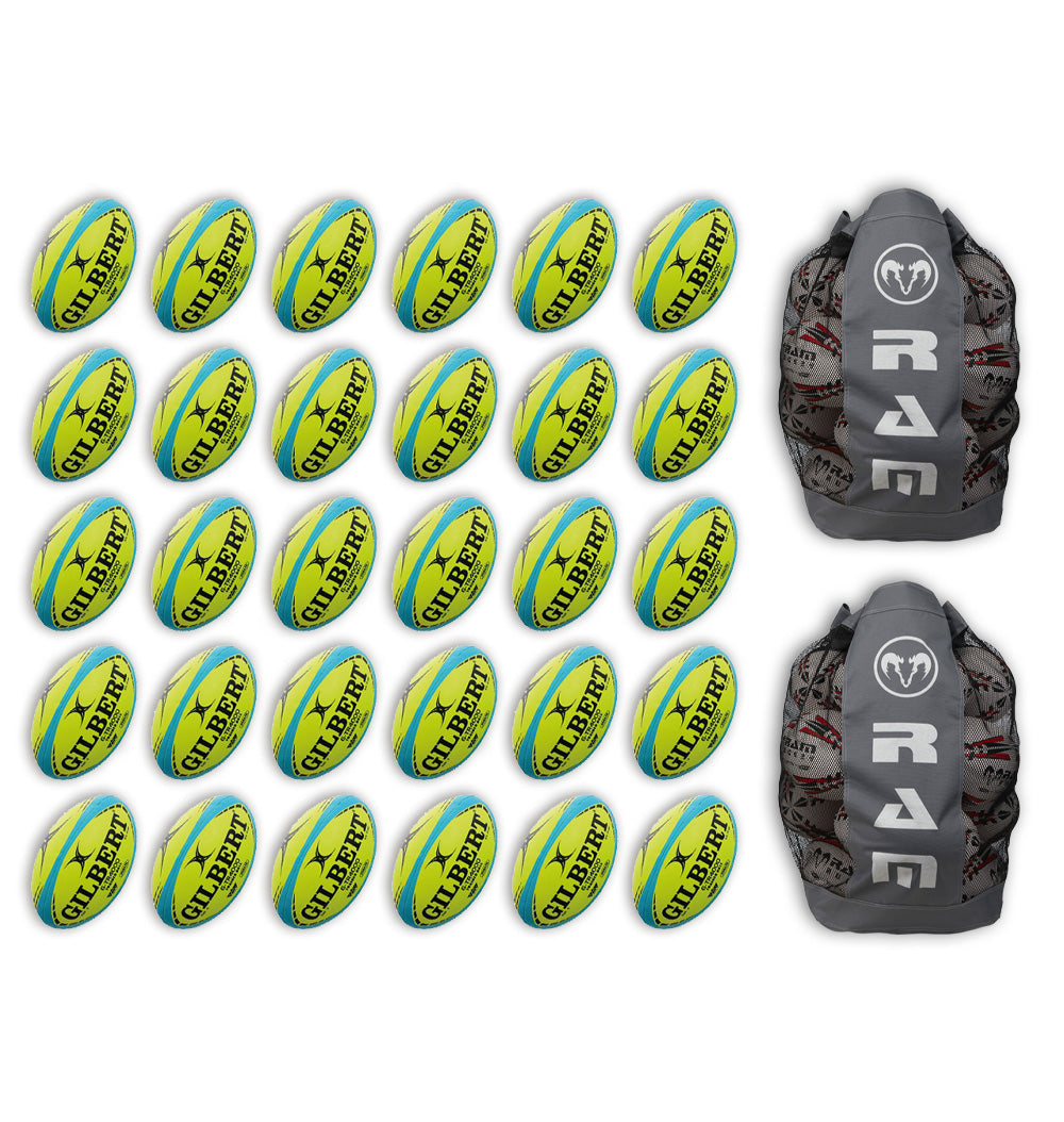 Thirty Gilbert G-TR4000 size 5 trainer rugby balls stacked with two large breathable ball bags for sports team storage