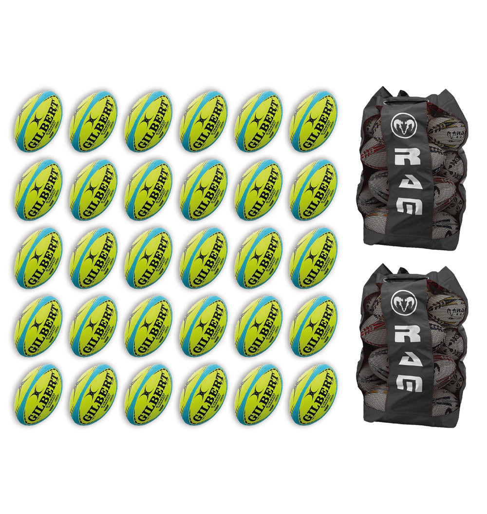Gilbert G-TR4000 Trainer Neon rugby ball bundle with 30 fluoro balls and 2 breathable size 5 ball bags for training