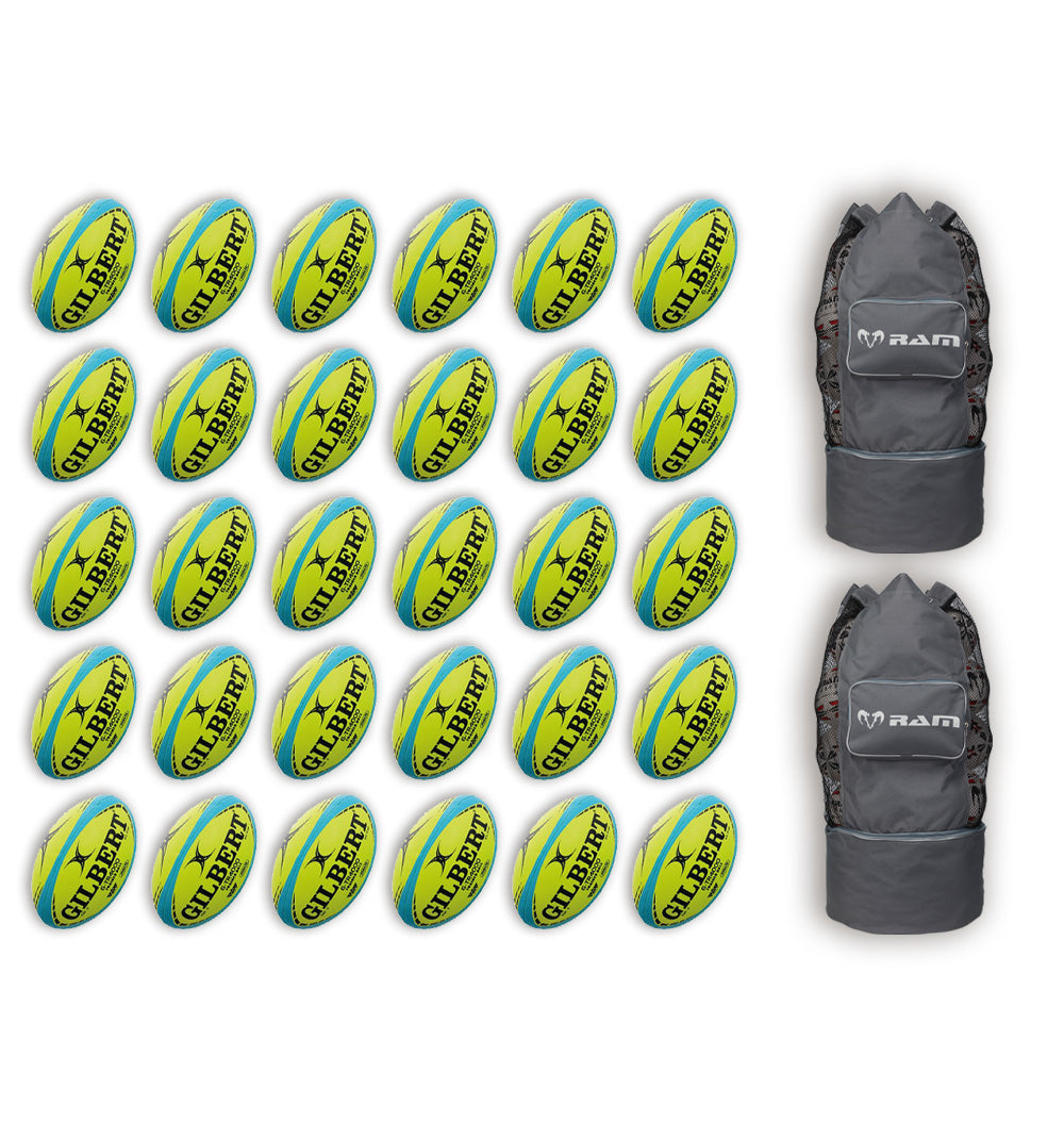 Thirty neon yellow Gilbert G-TR4000 Trainer rugby balls with two breathable black ball bags, size 5, bundle for training sessions