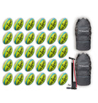 Stack of 30 Gilbert G-TR4000 neon yellow rugby balls arranged with two breathable mesh ball bags for size 5 training bundle