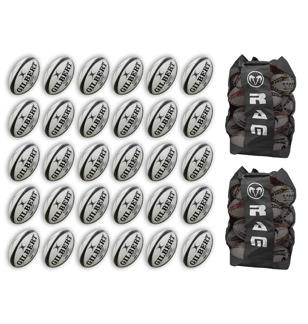 Stacked Gilbert G-TR4000 trainer rugby balls with two large breathable bags, perfect for size 5 ball storage and training use