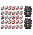 Stack of 30 Gilbert G-TR4000 trainer rugby balls with two large breathable bags designed for size 5 balls storage