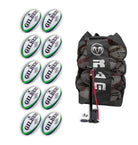 Set of ten Gilbert Barbarian 2.0 size 5 rugby balls in white with red and black accents, neatly arranged with breathable training bag.