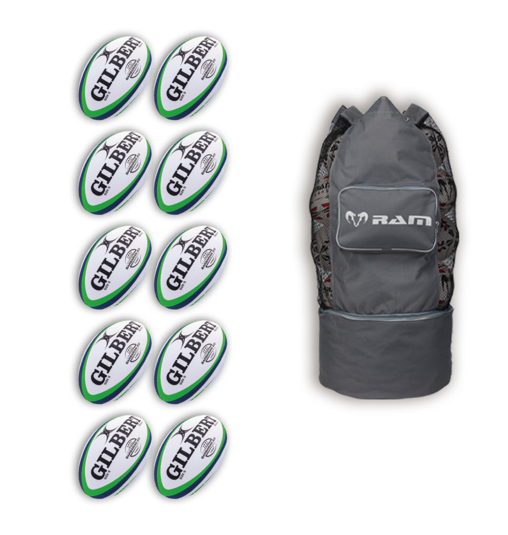 Ten Gilbert Barbarian 2.0 Size 5 rugby balls neatly stacked inside a durable breathable training bag for match use