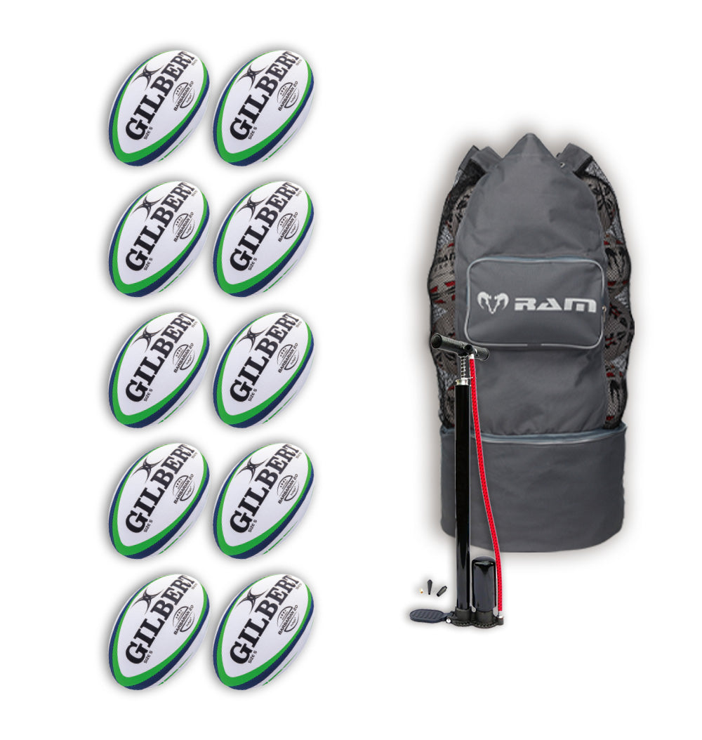 Ten Gilbert Barbarian 2.0 size 5 rugby balls bundled with a breathable bag, ideal for training and matches.