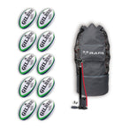 Ten Gilbert Barbarian 2.0 size 5 rugby balls bundled with a breathable bag, ideal for training and matches.