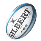 Set of 10 Gilbert Innovo size 5 rugby match balls in a breathable black storage bag for durable, high-performance play