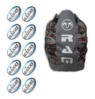 Ten Gilbert Innovo size 5 rugby match balls stacked with a black breathable storage bag designed for easy transport and ventilation
