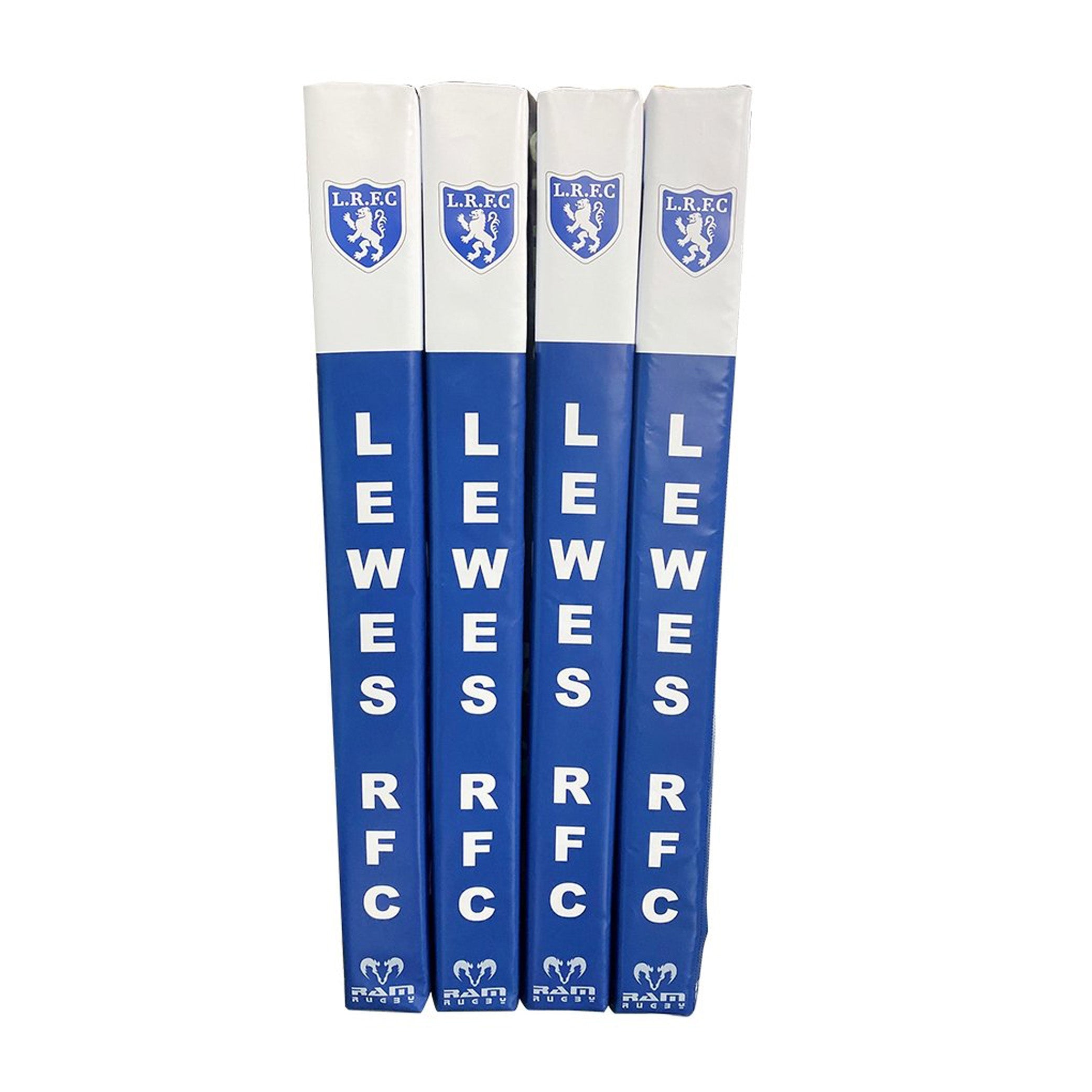 Ram Rugby custom pole protectors in bright blue durable foam covering rugby goal post padding for impact safety and club use