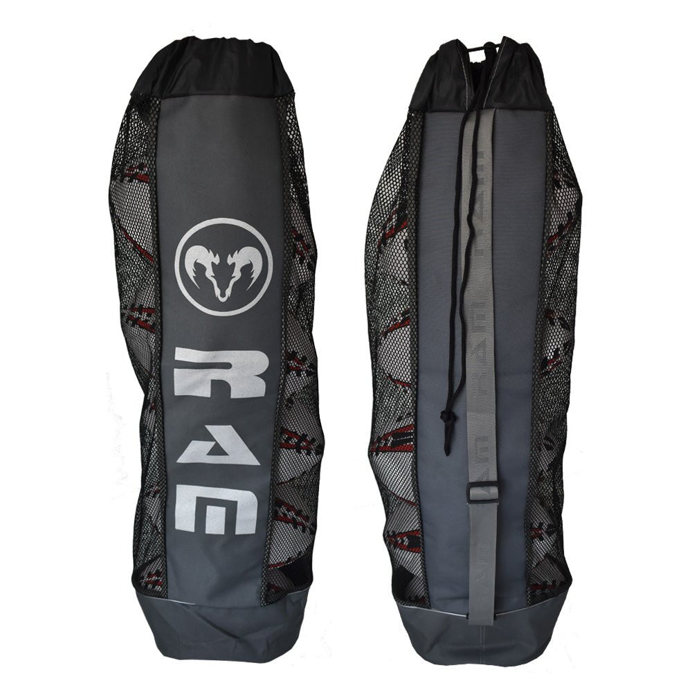 Ram Rugby breathable ball bag tube with black mesh ventilation, drainage holes, and adjustable shoulder straps for easy carrying