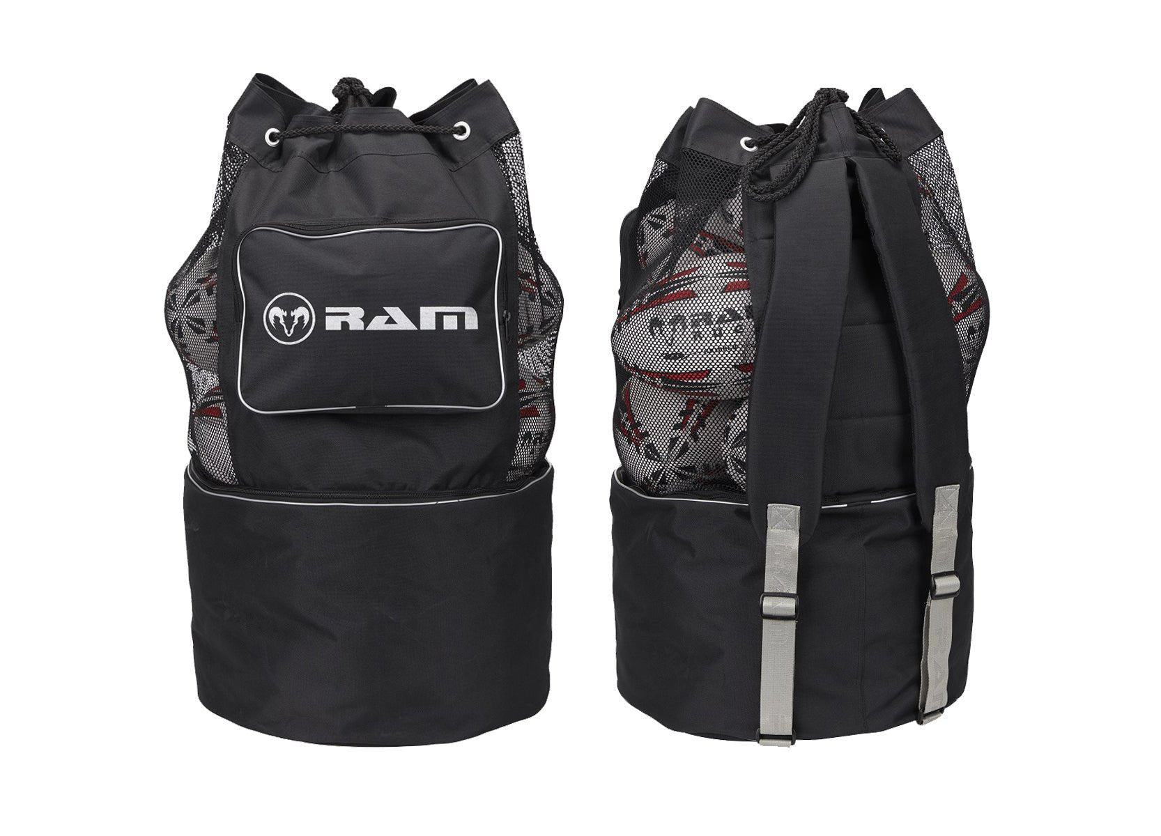 Ram Rugby Coaches breathable ball bag with durable mesh, multi-compartment storage, vinyl bottom, and side pockets for gear