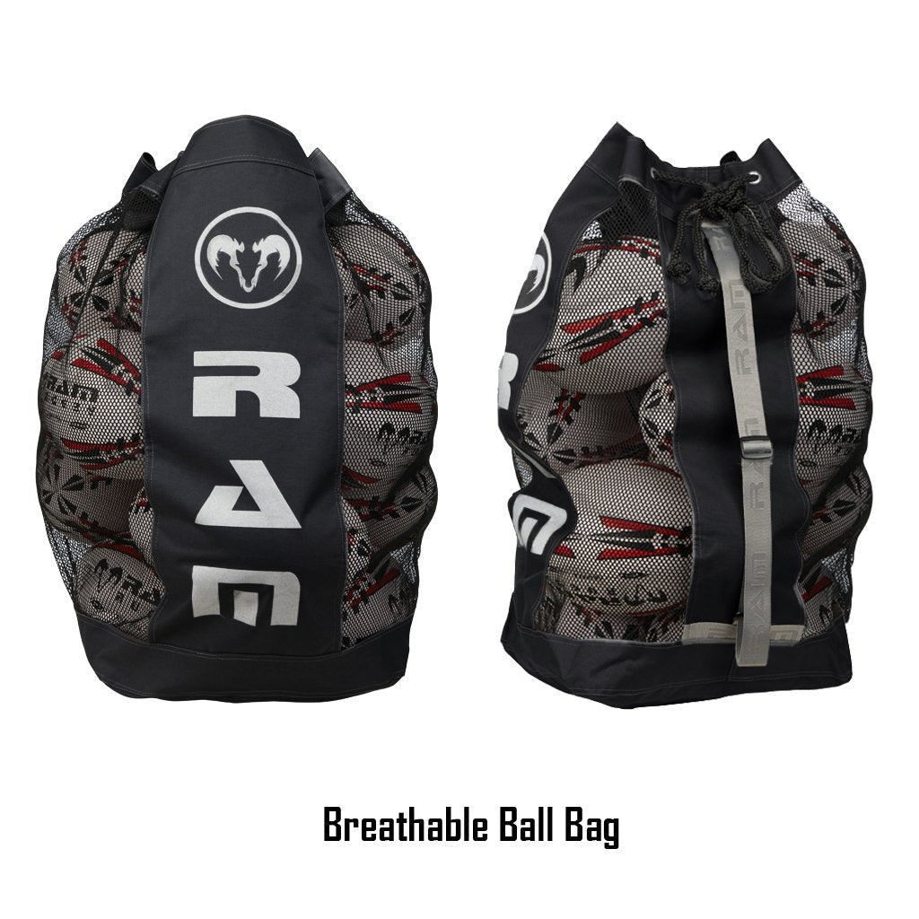 Black Ram Rugby custom breathable rugby ball bag with logo, durable polyester, adjustable straps, ideal for team use and storage