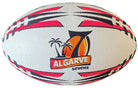 Ram Rugby custom Victor Raider Touch match ball in white with printed club logos and sponsor branding for events