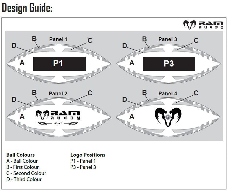 Stack of 15 personalized Ram Rugby Victor Raider match balls in white with custom logos for clubs and sponsors.