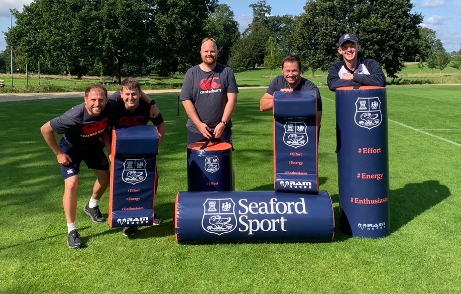 Ram Rugby custom tackle bag in blue and white, UK made durable training gear with personalized logos and colors for rugby teams