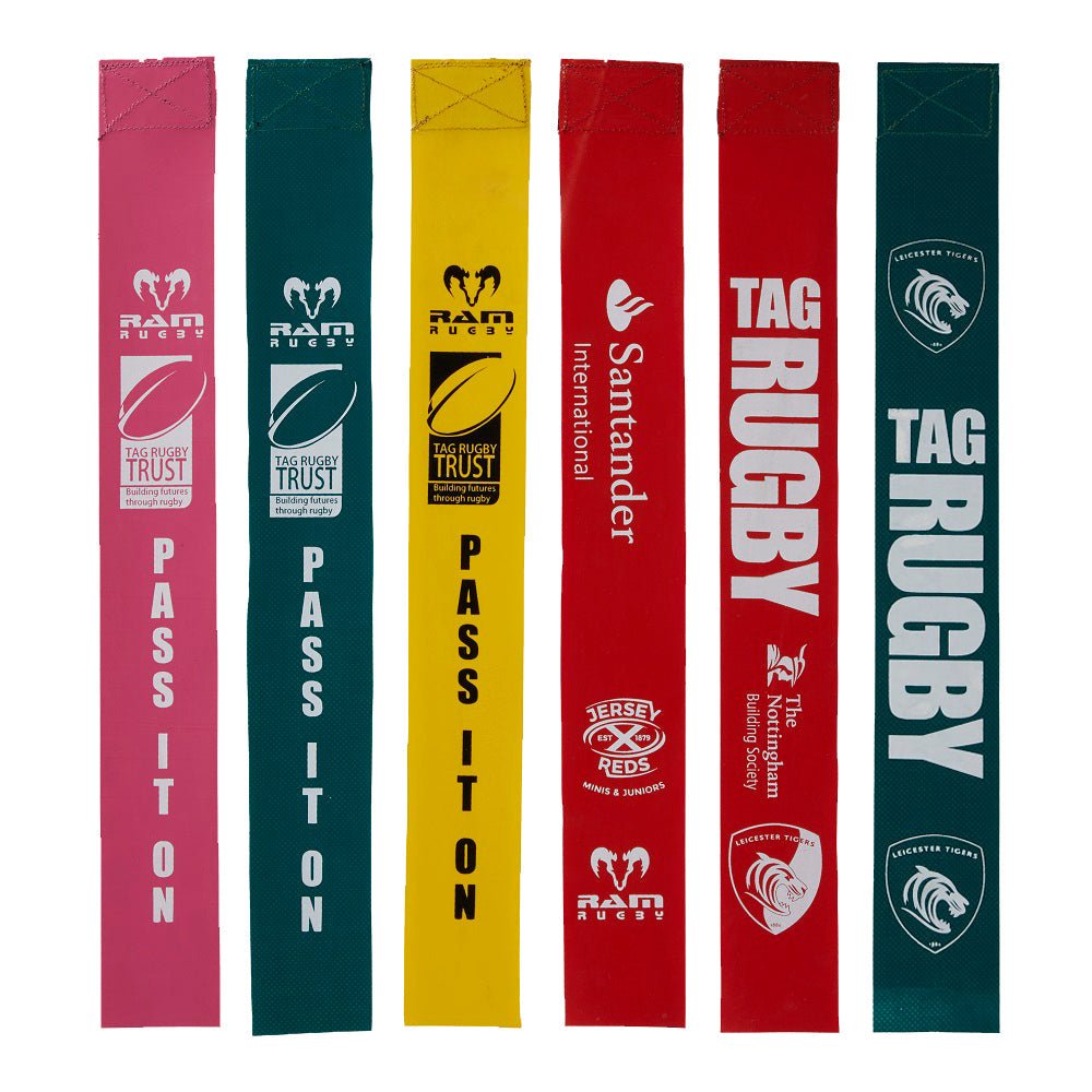 Ram Rugby custom PVC tag rugby belt set in black with personalized club logo, durable and adjustable for tag rugby play