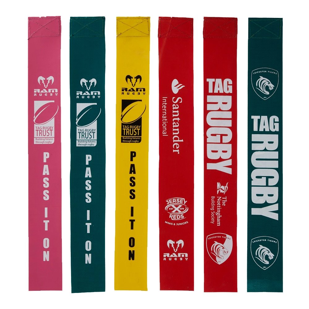 Set of 20 colorful Ram Rugby custom PVC tag rugby tags with logo printing, ideal for team branding and festivals.