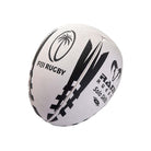 Ram Rugby custom printed Gripper 2.0 training ball with full-color logo, white with vibrant red and blue accents, textured grip