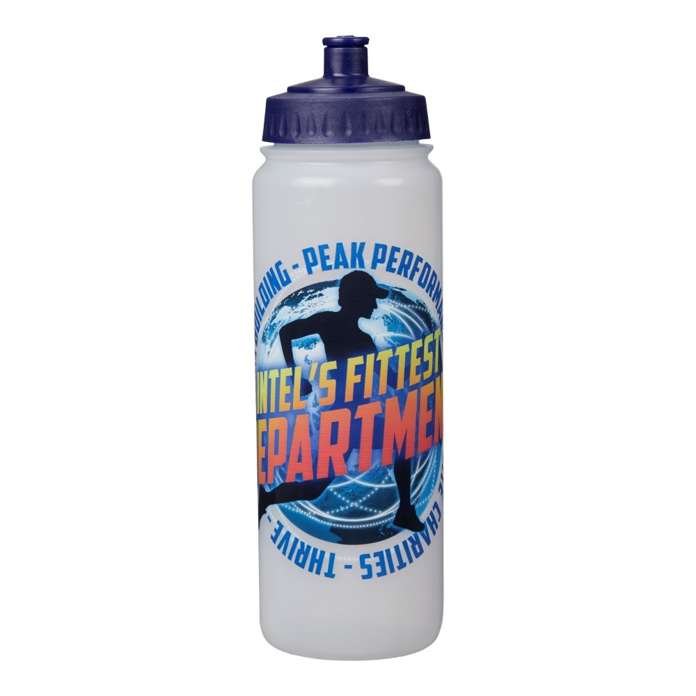 Set of Ram Rugby custom water bottles in blue with personalized logos and ergonomic push-pull lids, perfect for team training gear.