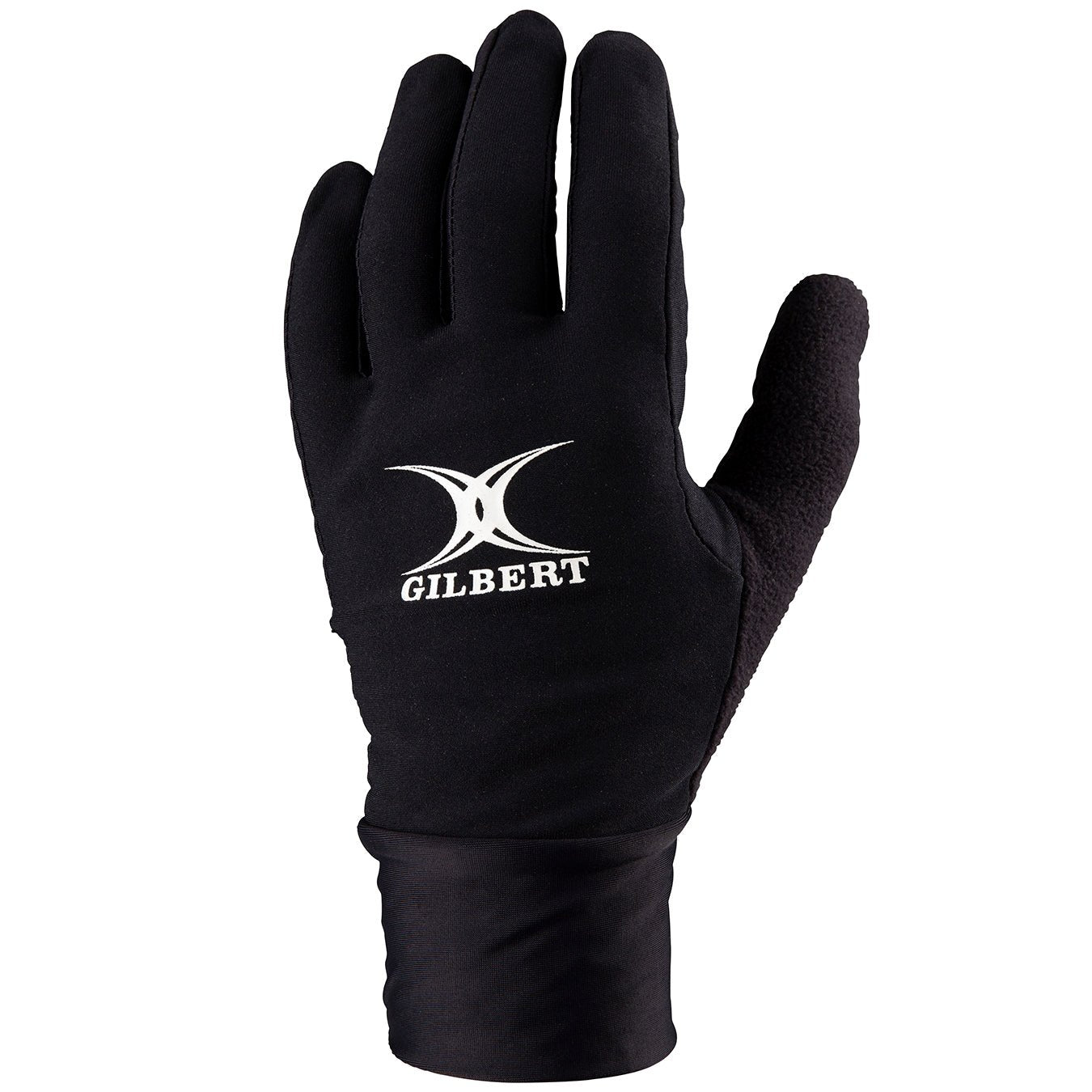 Gilbert Thermo Rugby Training Gloves in black with fleece lining, lightweight polyester grip mitts for cold weather rugby practice