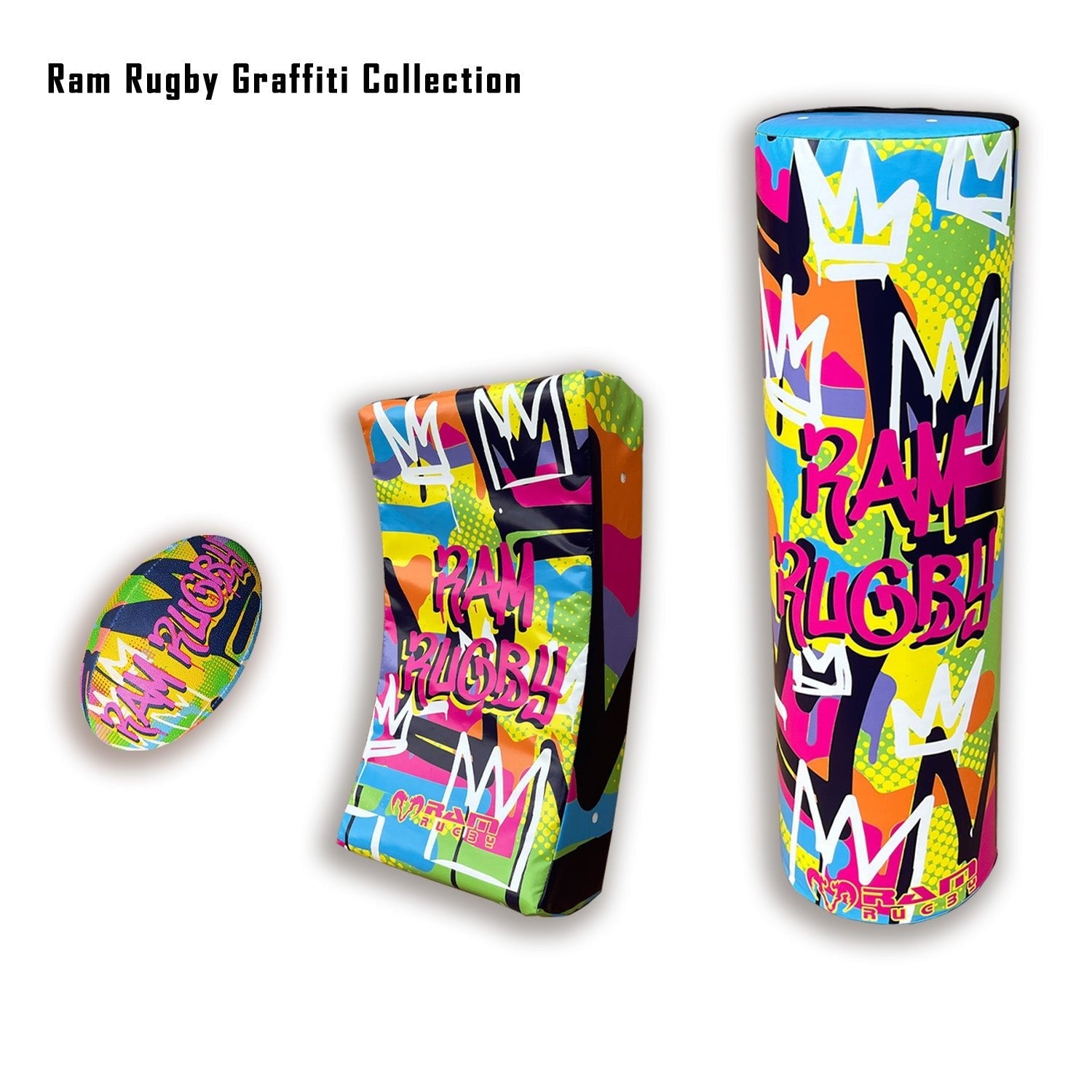 Ram Rugby graffiti tackle bag in vibrant colors, durable water-resistant PVC with high-density foam core for rugby training.
