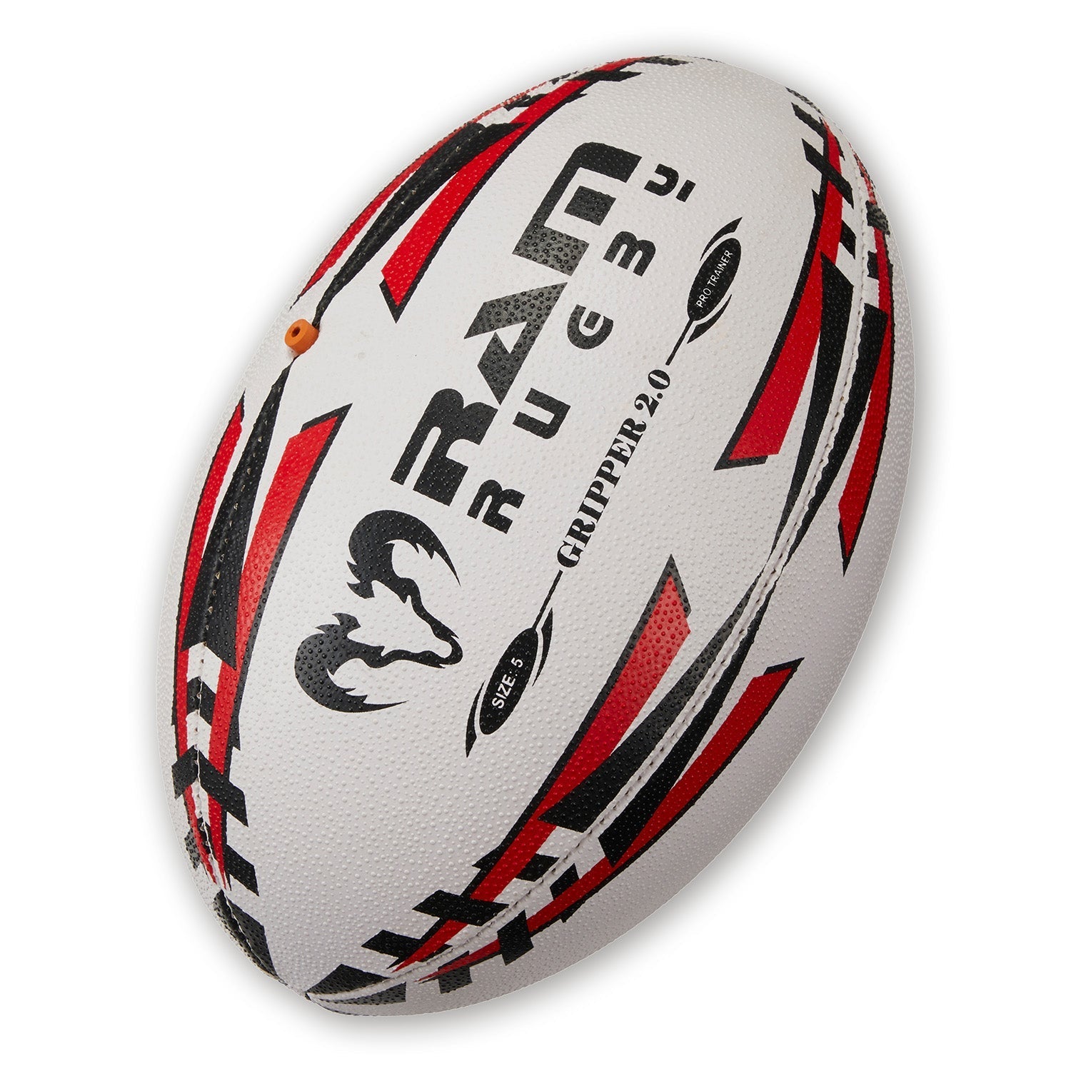 Ram Rugby Gripper 2.0 Pro Trainer Ball in white with 3D grip texture, designed for durable junior rugby training use
