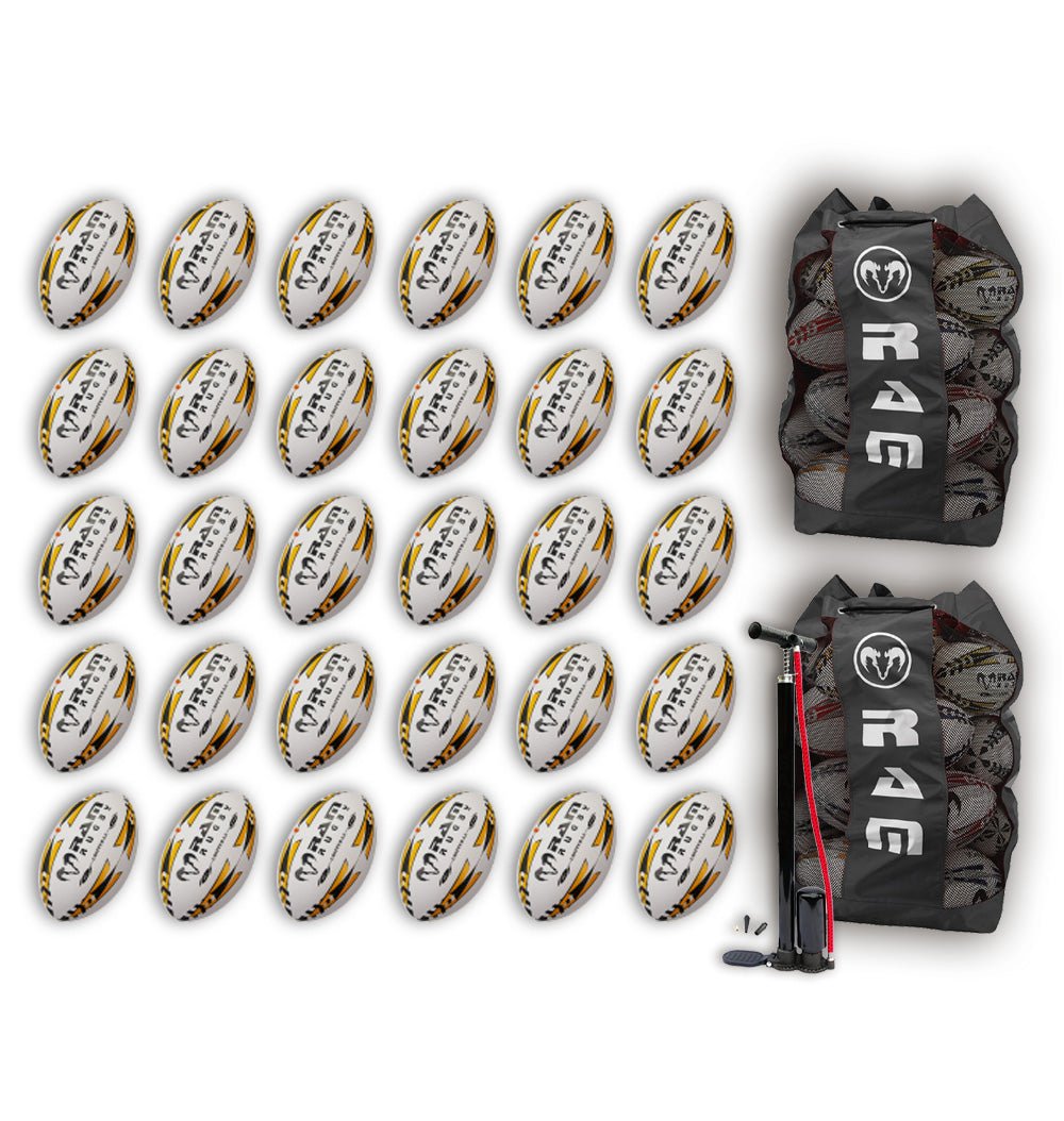 Thirty Ram Rugby Gripper 2.0 Pro Trainer rugby balls stacked with two black breathable storage bags for team training sessions