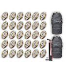 Thirty Ram Rugby Gripper 2.0 Pro Trainer rugby balls stacked near two black breathable ball bags for sports storage and transport