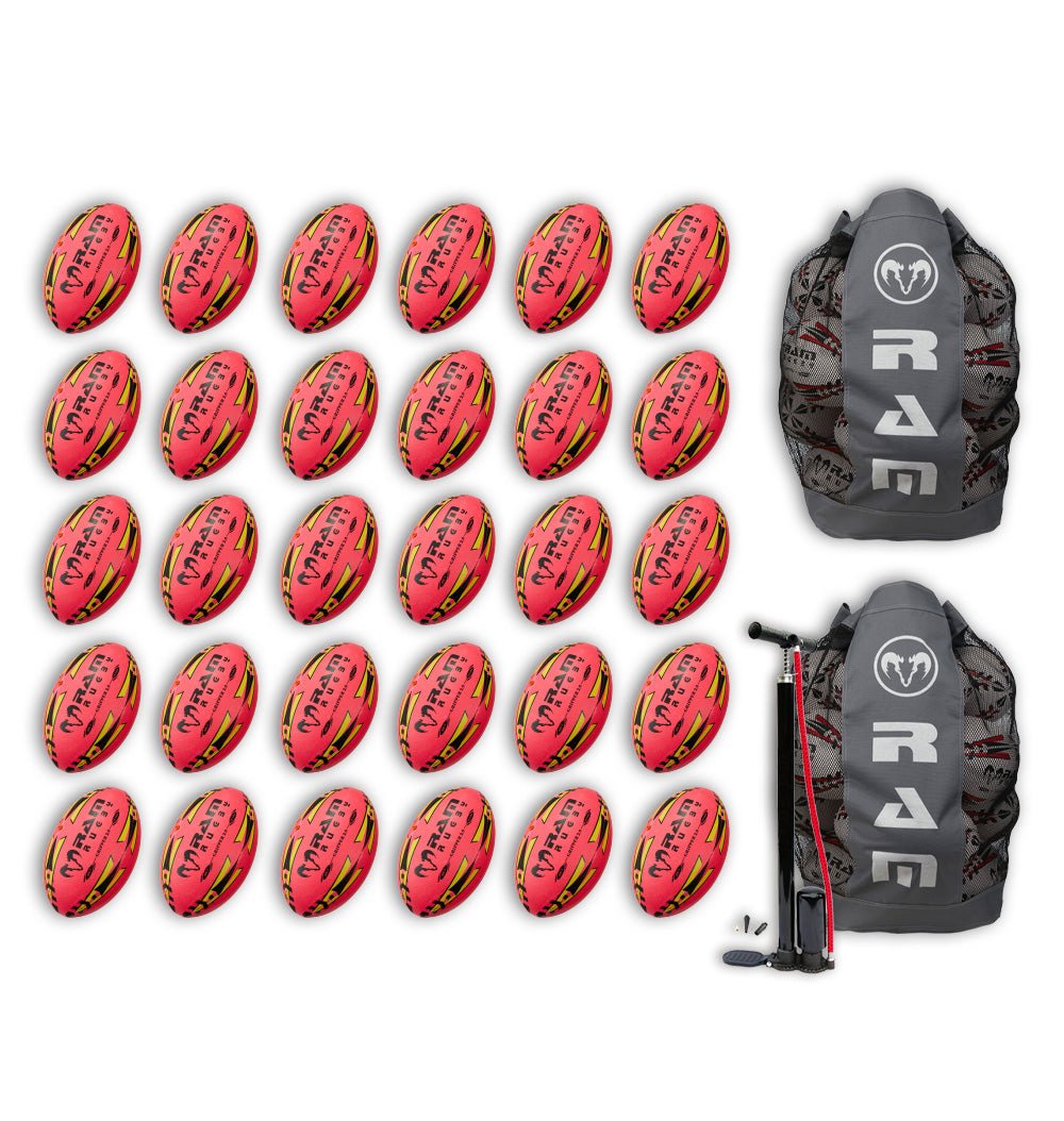 Thirty Ram Rugby Gripper 2.0 Pro Trainer Neon Pink rugby balls in sizes 3, 4, and 5 with two large breathable bags for storage.