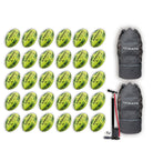 Thirty Ram Rugby Gripper 2.0 Pro Trainer neon yellow, orange, and green rugby balls stacked with two breathable bags.