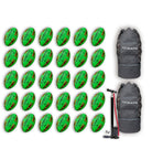 Ram Rugby Gripper 2.0 Pro Trainer neon yellow, orange, and green rugby balls stacked with two black breathable ball bags.