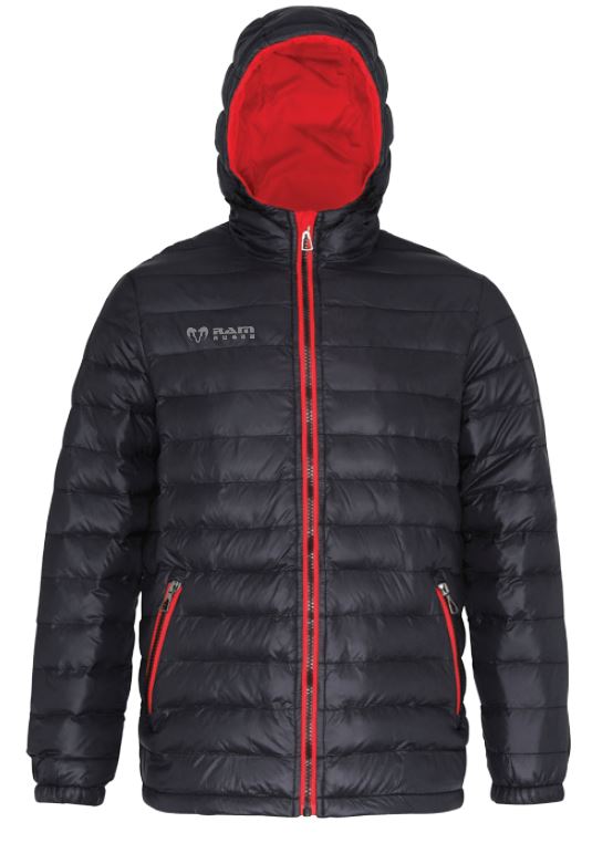 Ram Rugby lightweight padded gilet jacket with hood in navy blue nylon and red contrast lining, standard fit design