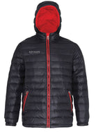 Ram Rugby lightweight padded gilet jacket with hood in navy blue nylon and red contrast lining, standard fit design
