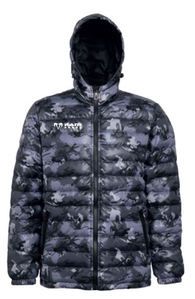 Ram Rugby lightweight padded gilet jacket in navy with grey contrast lining, hood, and insulated 100% nylon fabric.