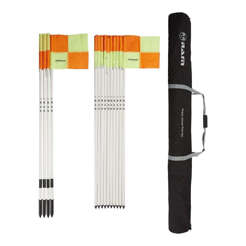 Ram Rugby Corner Pole Set with 14 white flexible PVC poles, fluor orange flags, safety poles, and carry bag for rugby pitch marking