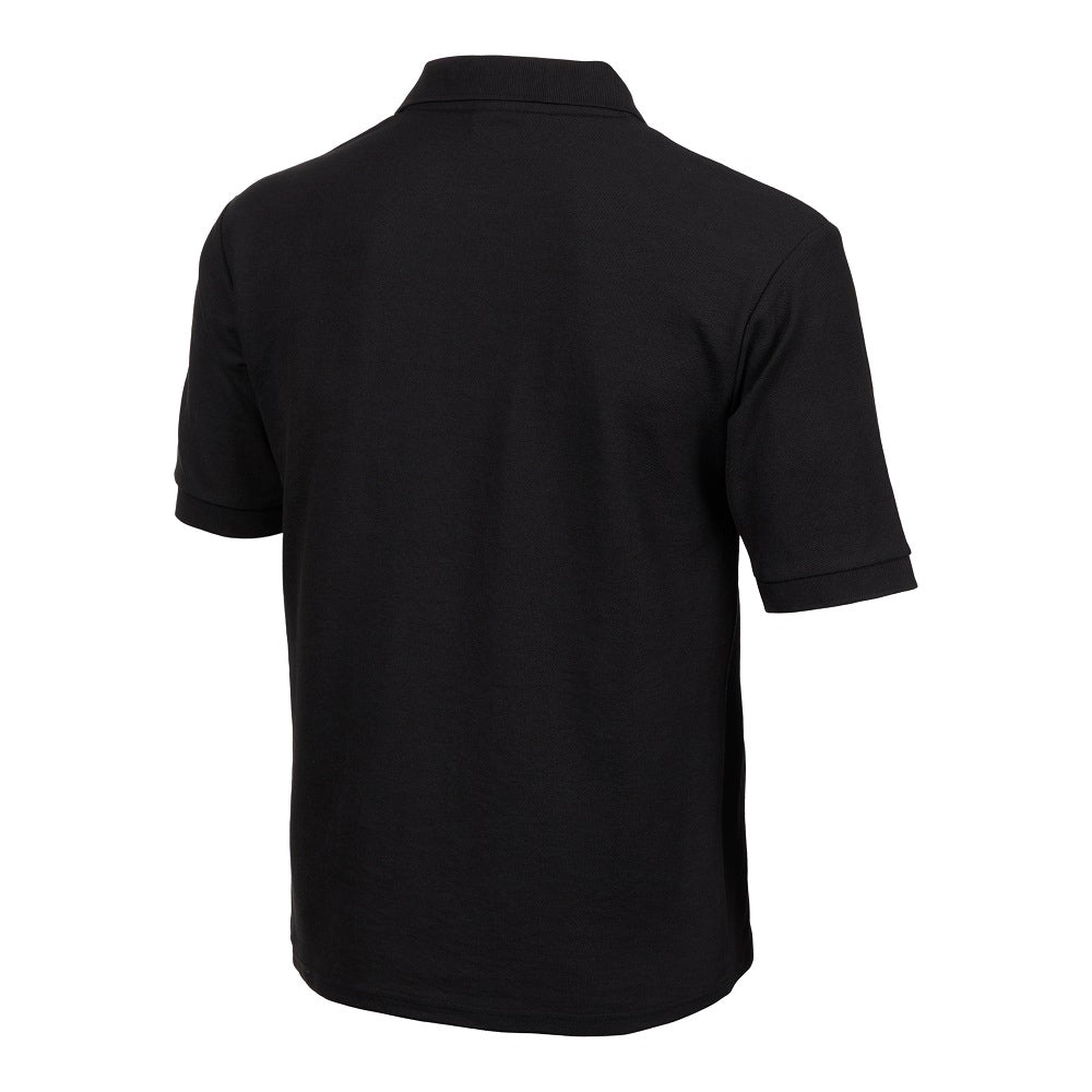 Back view of Ram Rugby Premium Poly Cotton Polo Shirt in black with reinforced seams and classic fit for durability