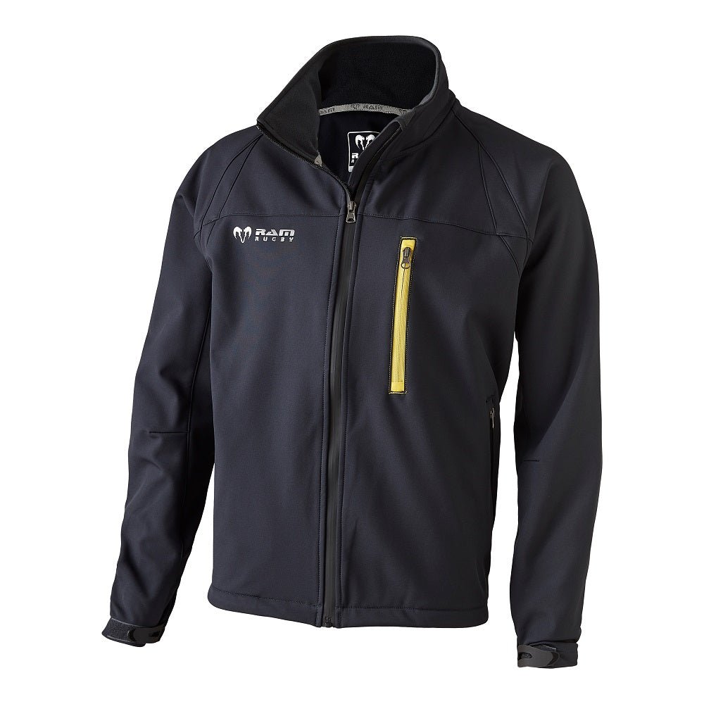 Charcoal Ram Rugby Softshell Jacket with waterproof breathable fabric, full zip, and multiple pockets, men's rugby coat
