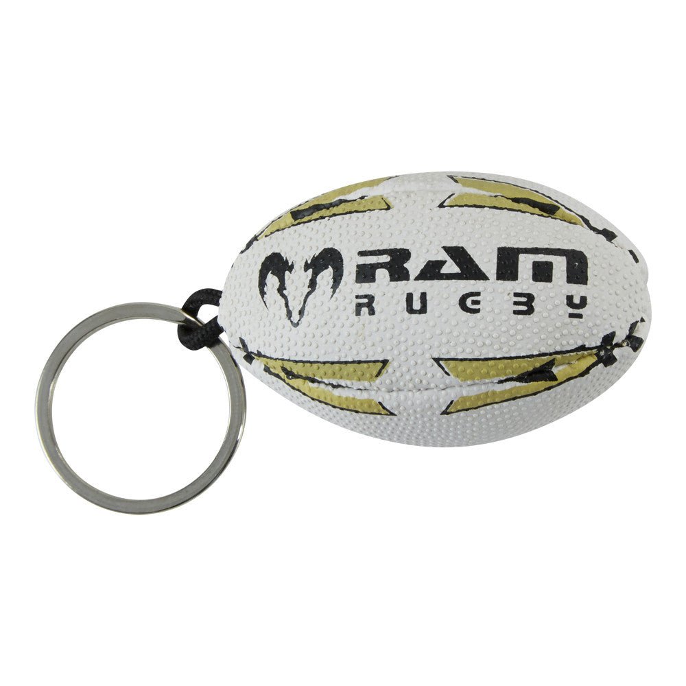 Ram Rugby rubber mini rugby ball keyring in black and gold, 5cm size, durable promotional gift for rugby fans.