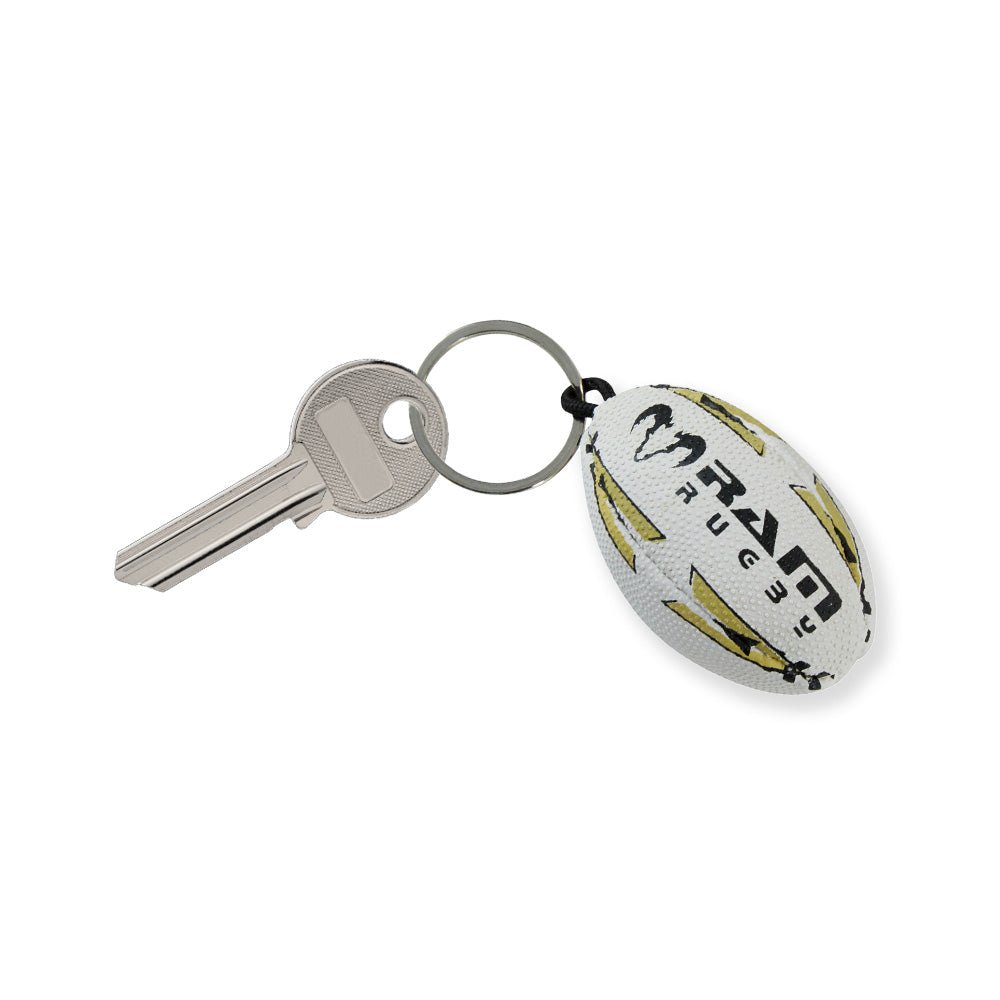 Black and gold Ram Rugby 5cm rubber mini rugby ball keyring with cotton fill, ideal promotional gift for rugby fans