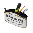 Ram Rugby rugby ball pencil case in brown rubber with authentic textured grip and black zipper closure, 22cm long
